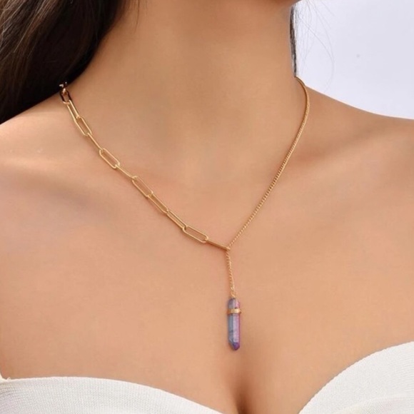 New Rainbow Aura Crystal Quartz Lariat Dual Copper Chain Necklace | Y Shape - Picture 13 of 15